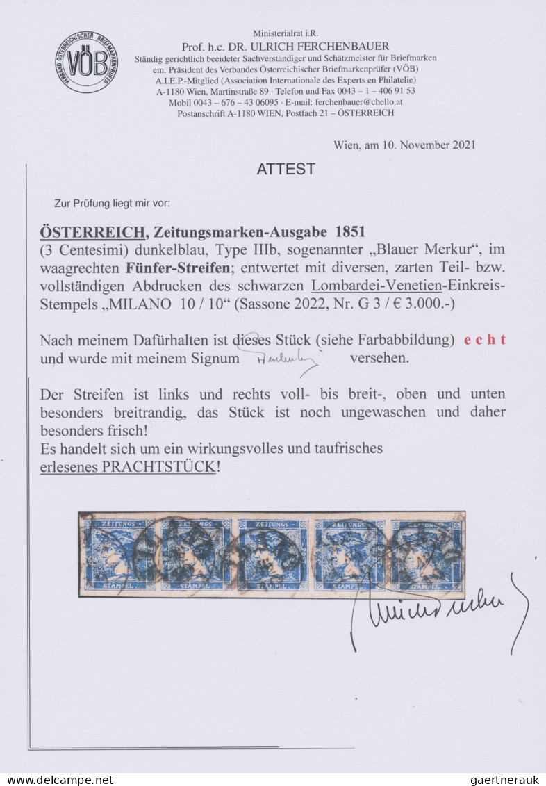 Österreich - Lombardei Und Venetien - Zeitungsmarken: 1851, Blauer Merkur, Waage - Lombardy-Venetia