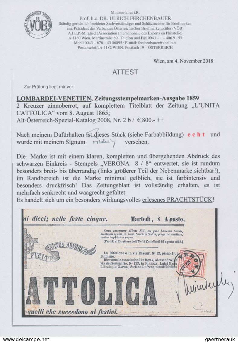 Österreich - Lombardei Und Venetien - Zeitungsstempelmarken: 1859, 2 Kreuzer Zin - Lombardije-Venetië