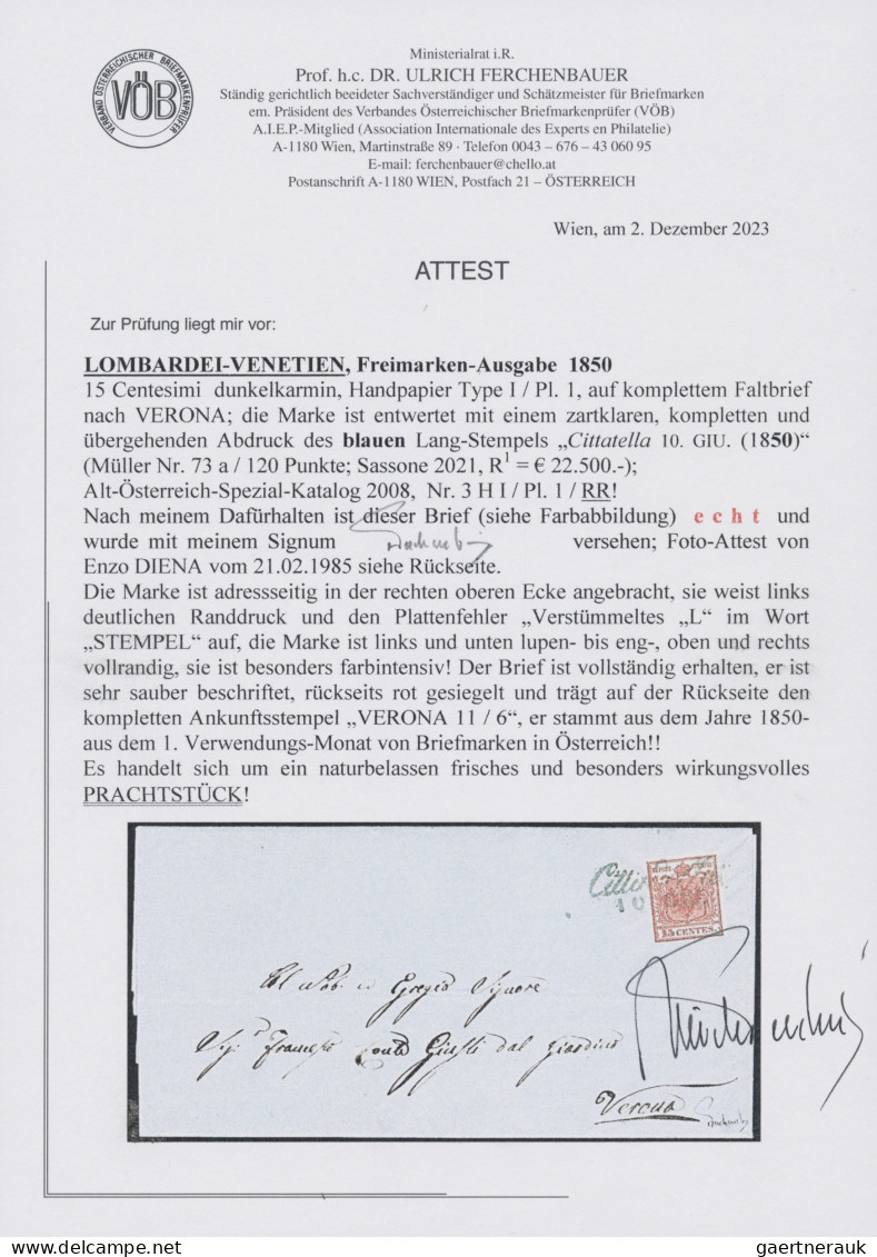 Österreich - Lombardei Und Venetien - Stempel: 1850, 15 C Dunkelkarmin, Handpapi - Lombardo-Vénétie