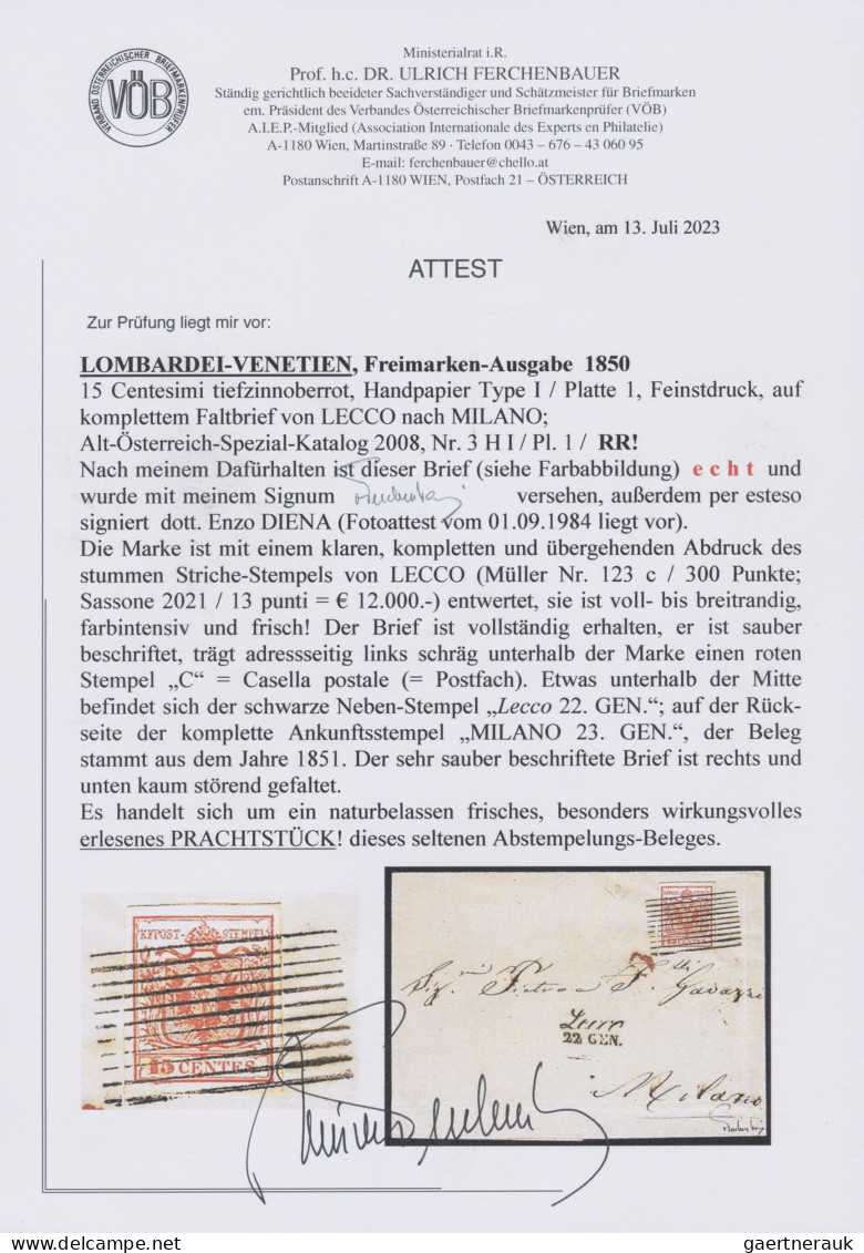 Österreich - Lombardei Und Venetien - Stempel: 1850, 15 C. Tiefzinnoberrot, Hand - Lombardy-Venetia