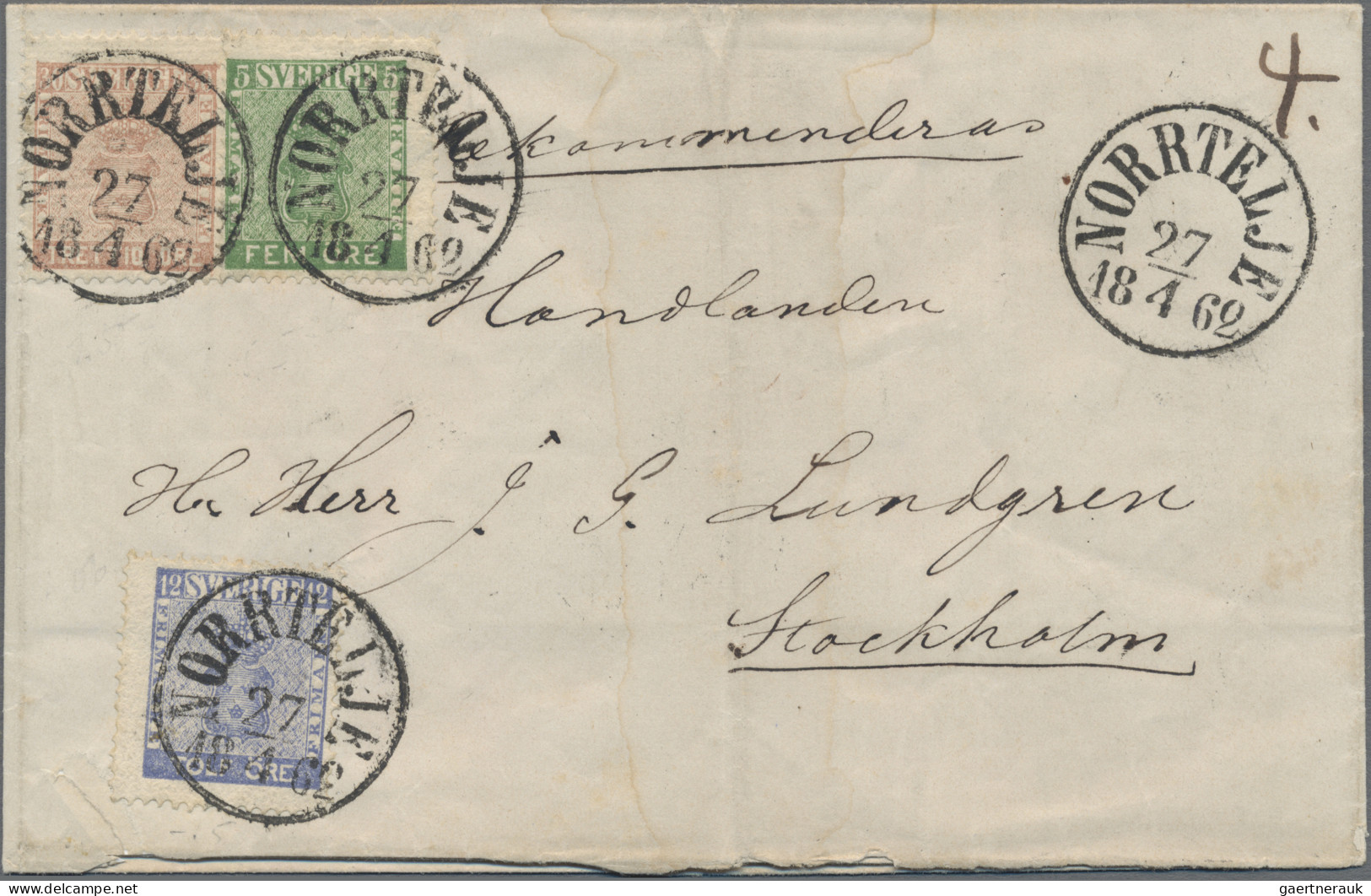 Sweden: 1862, 5 ö Grün, 12 ö Blau Und 30 ö Hellbraun Auf Einschreibbrief Von NOR - Lettres & Documents