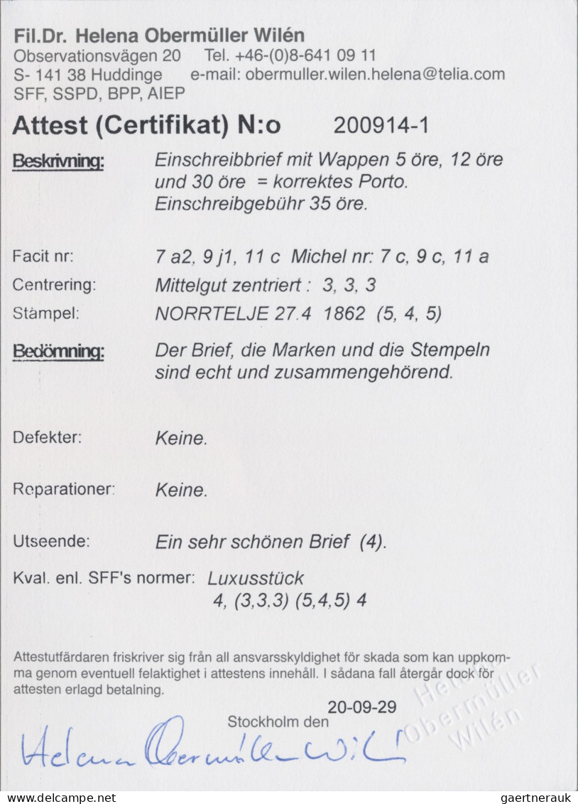 Sweden: 1862, 5 ö Grün, 12 ö Blau Und 30 ö Hellbraun Auf Einschreibbrief Von NOR - Cartas & Documentos