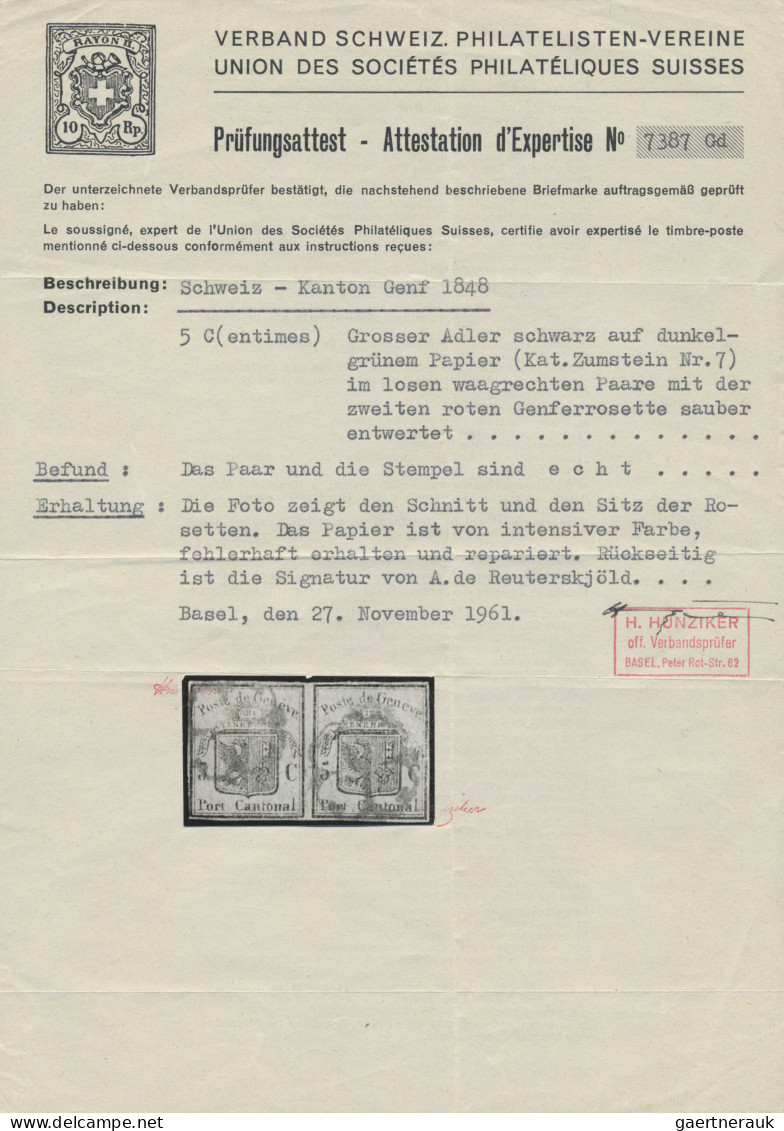 Schweiz - Genf: 1848 Großer Adler Dunkelgrün 5 Rp. Im Waagerechten Paar, Sauber - 1843-1852 Federale & Kantonnale Postzegels