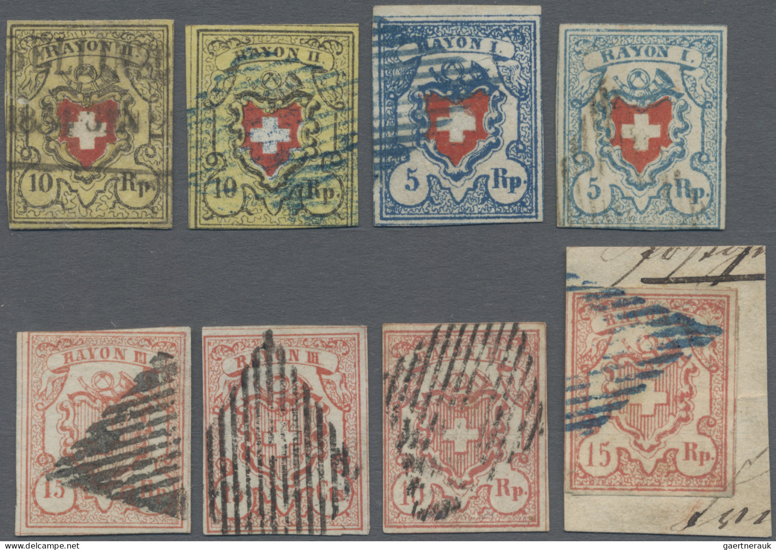Schweiz: 1850-52 Acht Gestempelte Rayonmarken, Dabei 2x 10 Rp., 2x 5 Rp Hellblau - Used Stamps