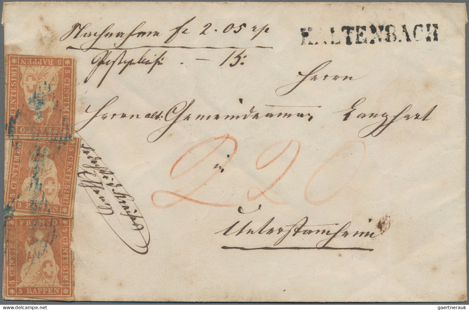 Schweiz: 1854 Strubel: Drei Einzelmarken Der 5 Rp. Hellbraunorange Vom 1. Münche - Lettres & Documents