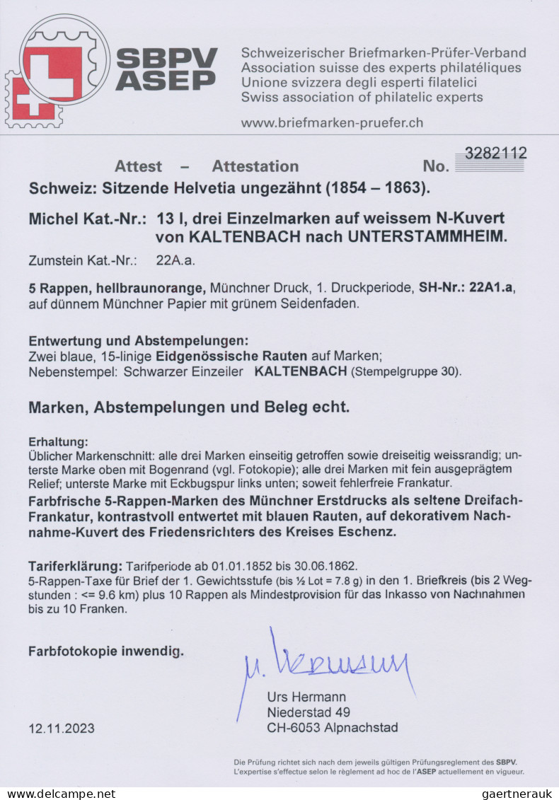 Schweiz: 1854 Strubel: Drei Einzelmarken Der 5 Rp. Hellbraunorange Vom 1. Münche - Briefe U. Dokumente