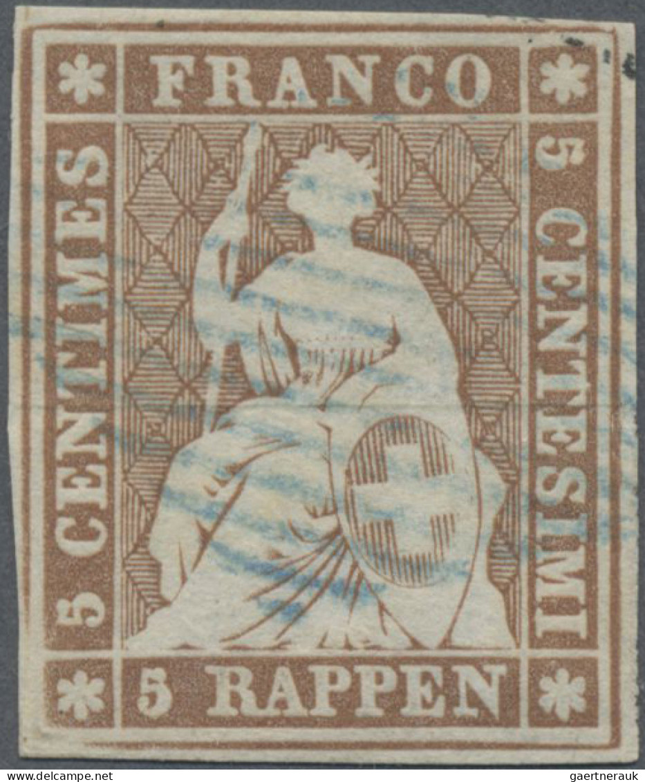 Schweiz: 1854, 5 Rp. Gelbbraun, Münchner Druck Auf Dünnem Papier Mit Grünem Seid - Used Stamps