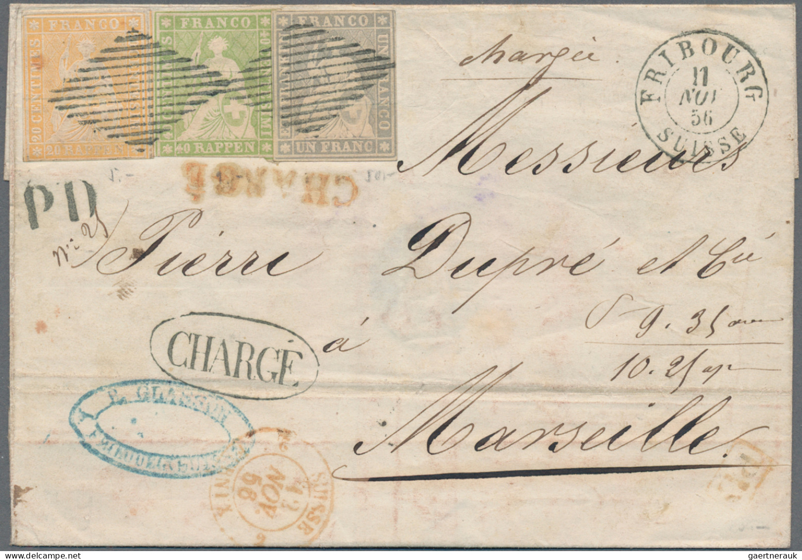 Schweiz: 1856 Strubel-3-Farben-Frankatur Auf Chargierter Faltbriefhülle Von Frib - Covers & Documents