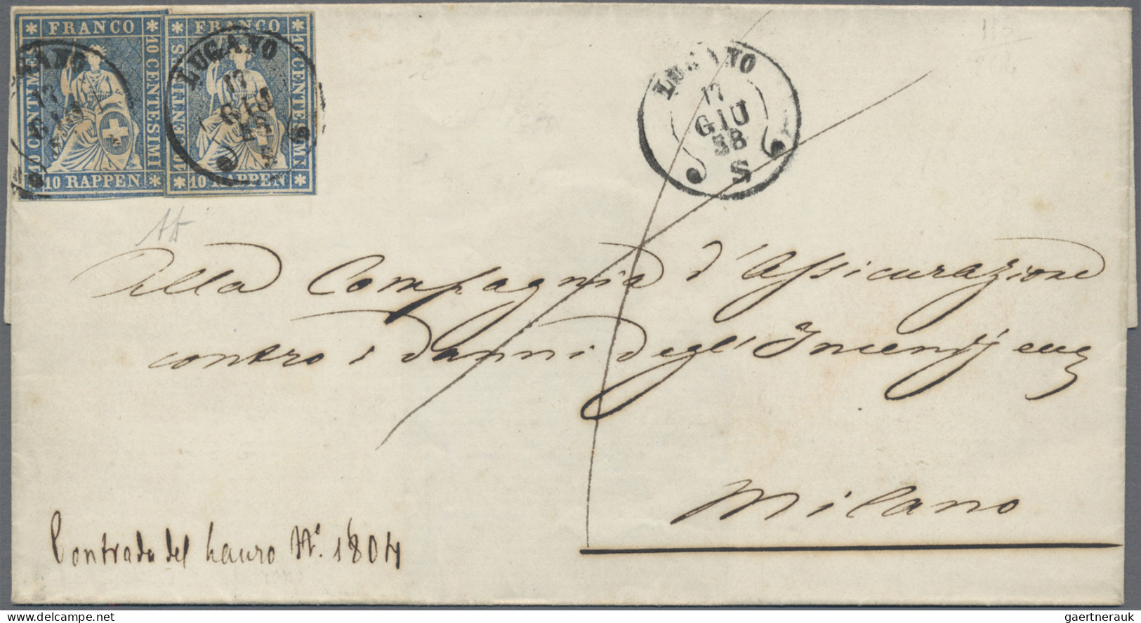 Schweiz: 1854, Strubel, 10 Rp., Mehrfachfrankatur Von Zwei Exemplaren Von Lugano - Briefe U. Dokumente