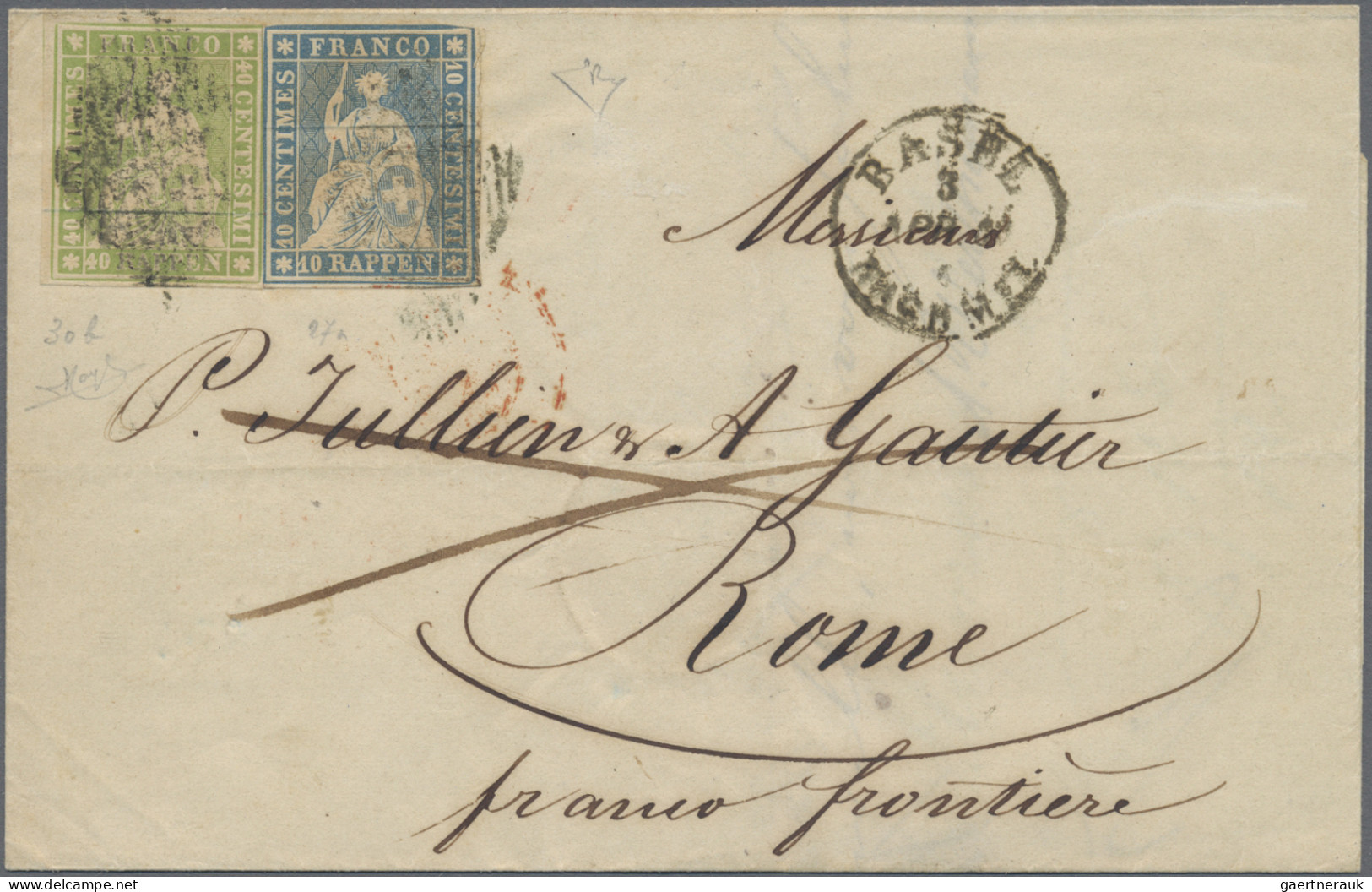 Schweiz: 1854, Strubel, 10 Rp. Bzw. 40 Rp., Zusammen Auf Faltbrief (1855 Basel - - Covers & Documents