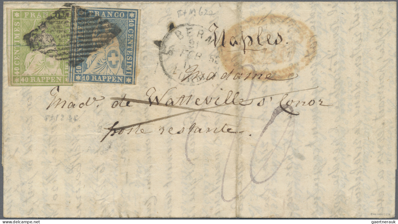 Schweiz: 1854, Strubel, 10 Rp. + 40 Rp. (1856 Bern - Milan - Bologna - Rome - Na - Lettres & Documents