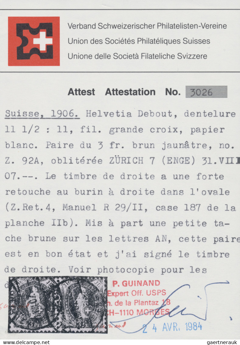 Schweiz: 1906 Stehende Helvetia 3 Fr. Braun Im Waag. Paar, Dabei Die Rechte Mark - Oblitérés