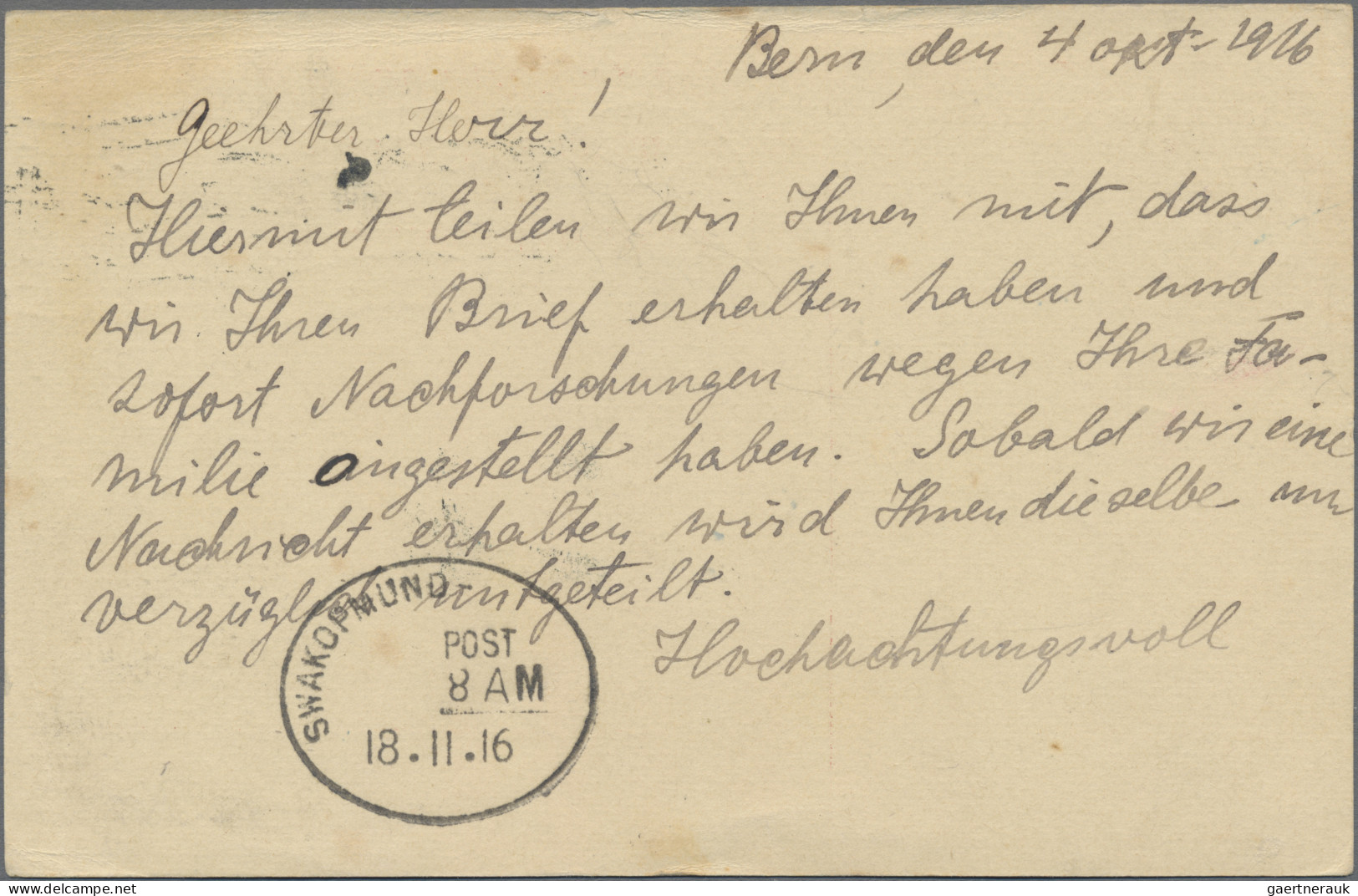 Schweiz: 1916 Destination SÜDWESTAFRIKA: Ganzsachenkarte Tell 10 Rp. Sowie Brief - Briefe U. Dokumente