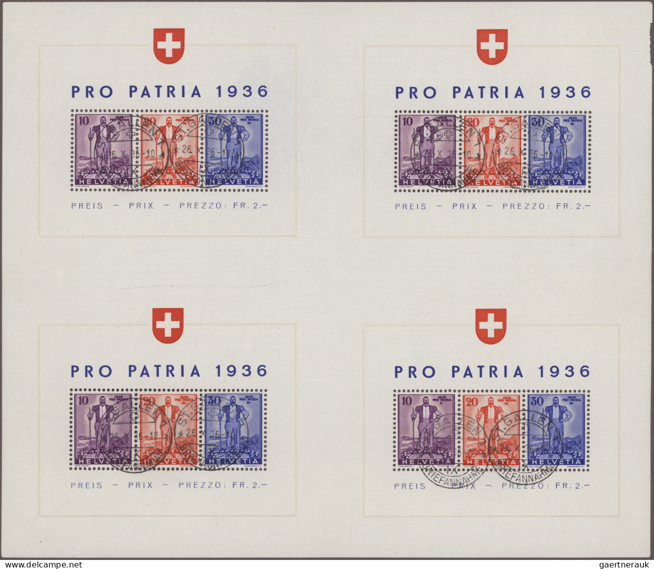 Schweiz: 1936 Pro Patria-Block Im Großbogen Von 4 Blocks, Jeweils Sauber Gestemp - Used Stamps