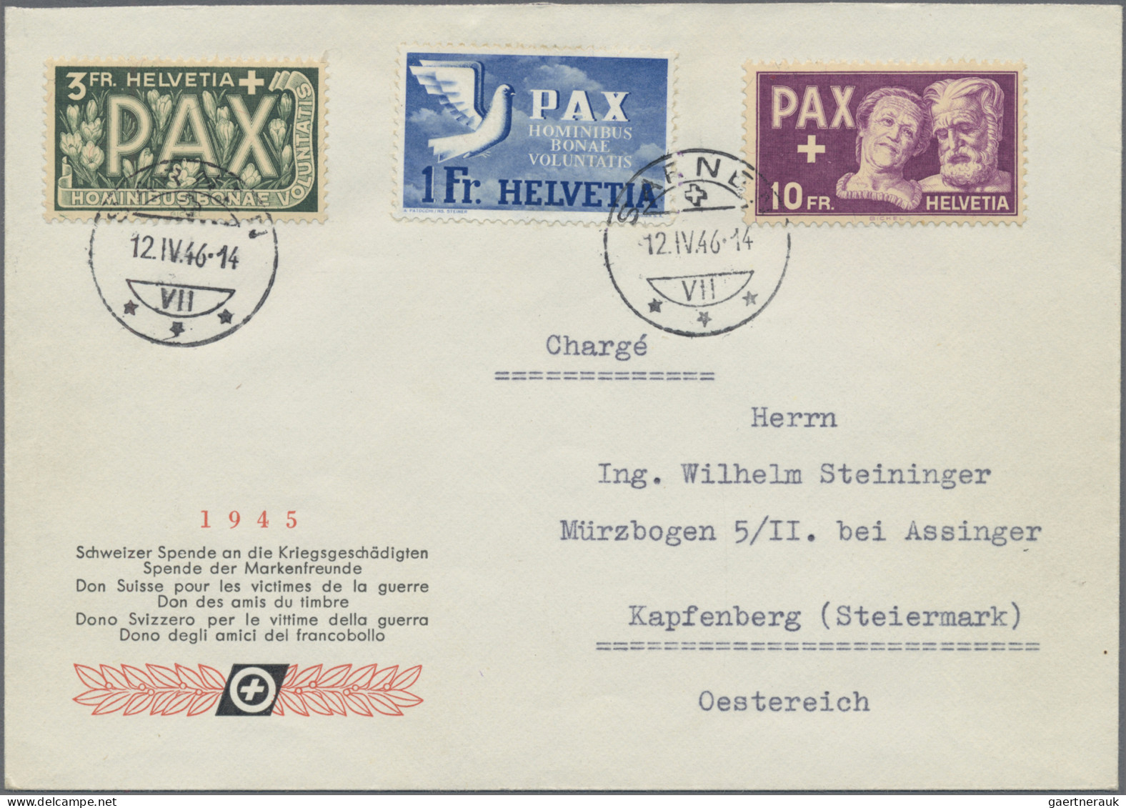 Schweiz: 1945, PAX-Serie, 5 Rp.-10 Fr., Kompletter Satz Auf Vier Vordruckumschlä - Brieven En Documenten