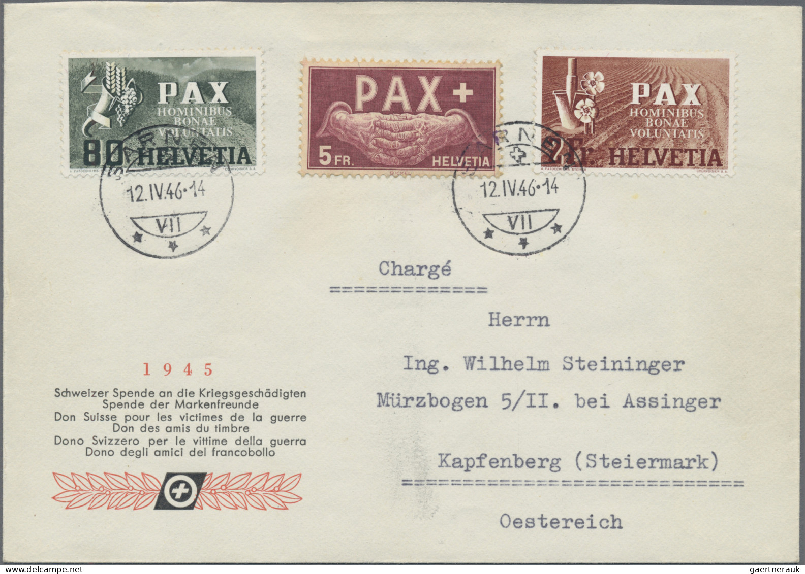 Schweiz: 1945, PAX-Serie, 5 Rp.-10 Fr., Kompletter Satz Auf Vier Vordruckumschlä - Brieven En Documenten