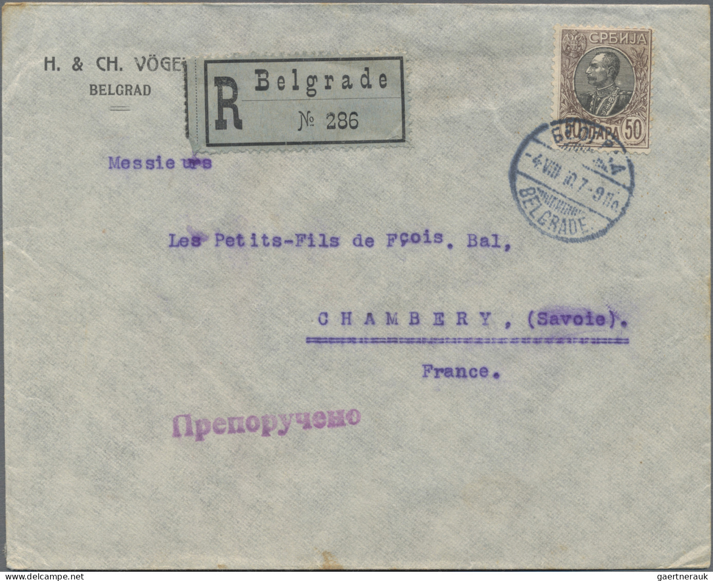 Serbia: 1910, 50 P. Brown Tied "Belgrade 4.VII.10" To Registered Cover To Chambe - Serbia