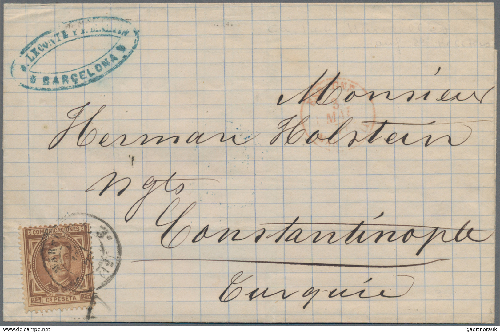 Spain: 1877 Folded Cover From Barcelona To Constantinople Dated '2 May 1877', Fr - Covers & Documents