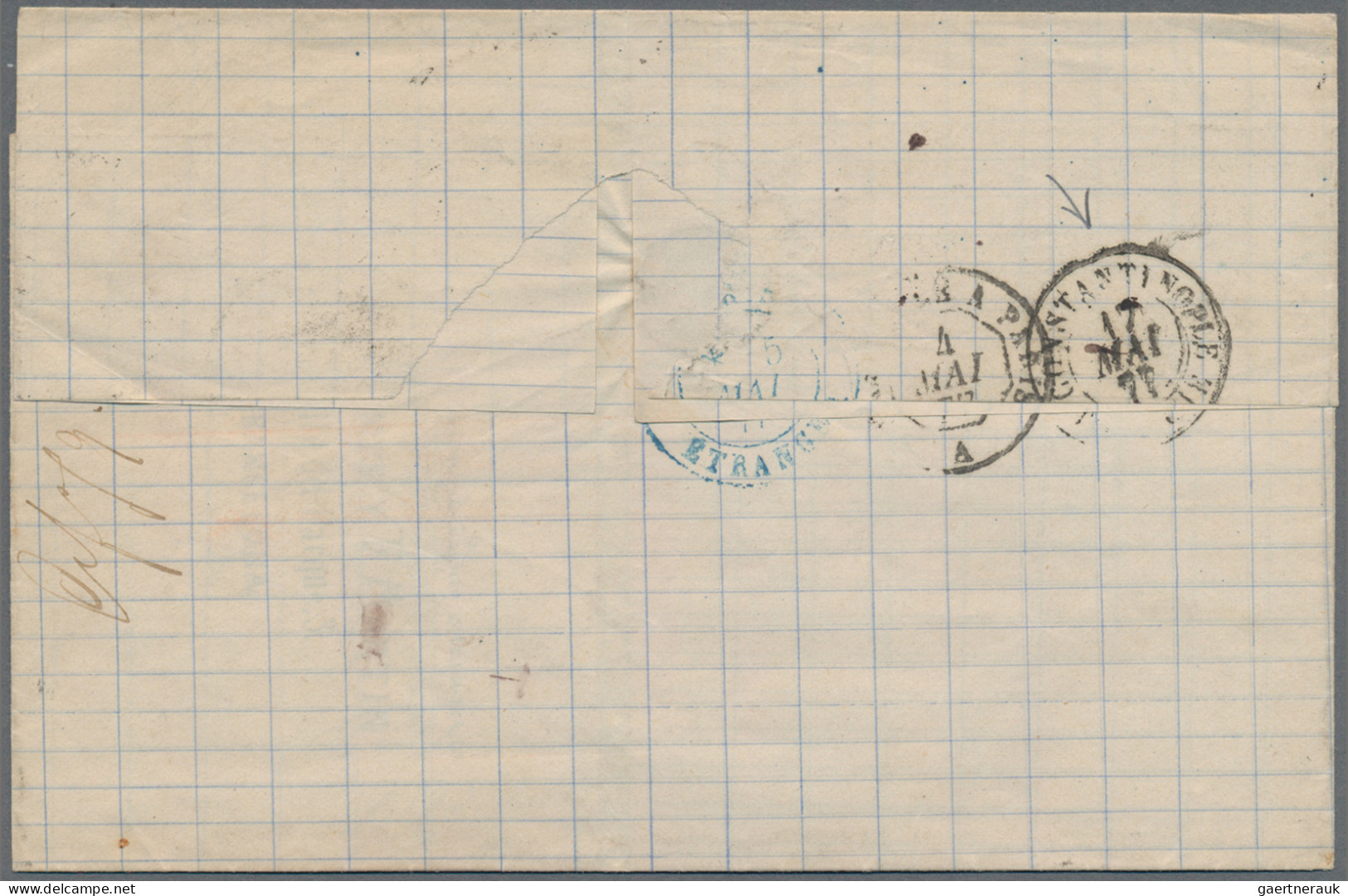 Spain: 1877 Folded Cover From Barcelona To Constantinople Dated '2 May 1877', Fr - Briefe U. Dokumente