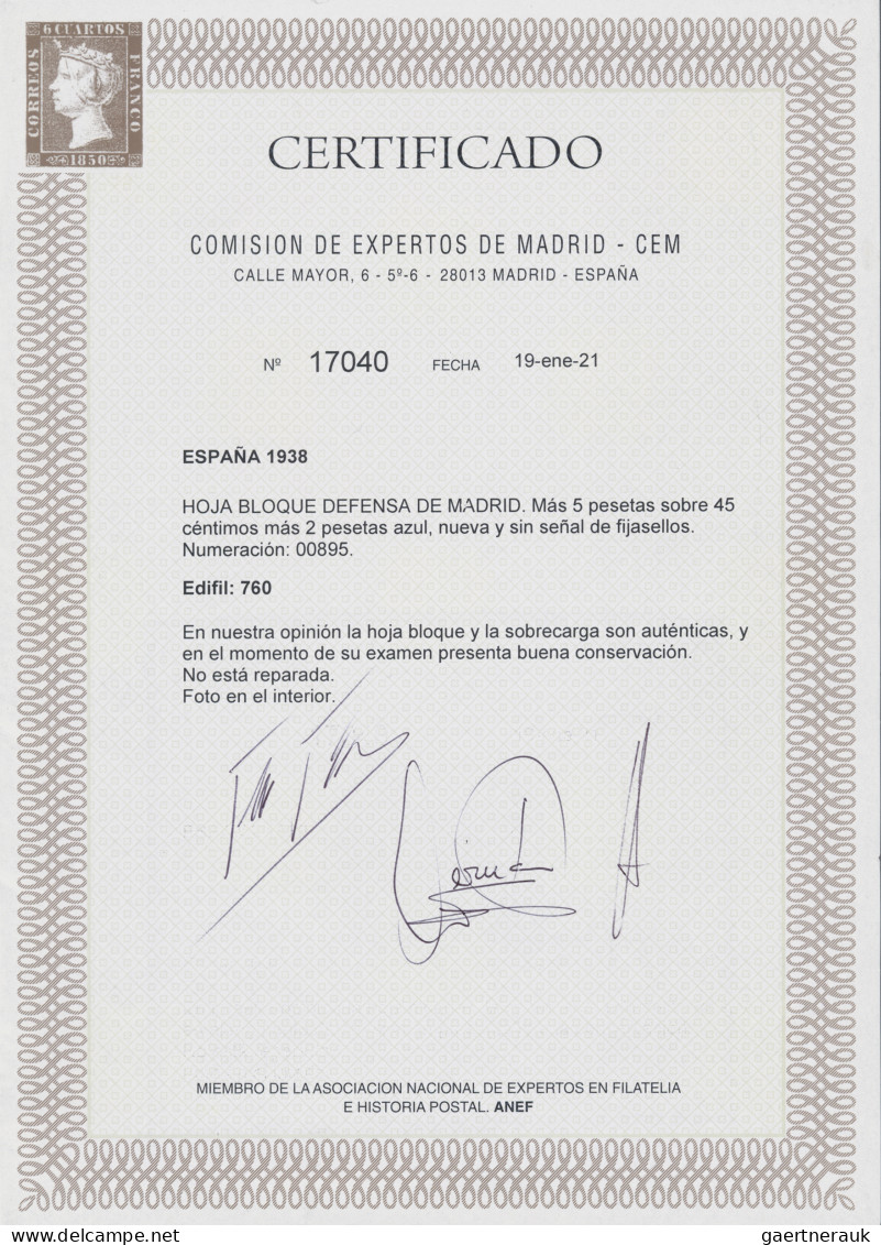 Spain: 1938 'Defense Of Madrid' Air Souvenir Sheet (ovpt. "AEREO + 5 Pts."), Ser - Ungebraucht