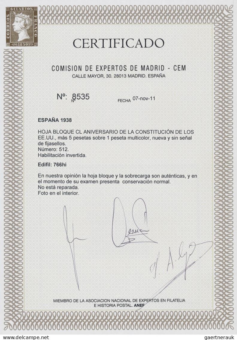 Spain: 1938, Air Mail Mini Sheet, 150 Years Of The US Constitution, Perforated, - Ongebruikt