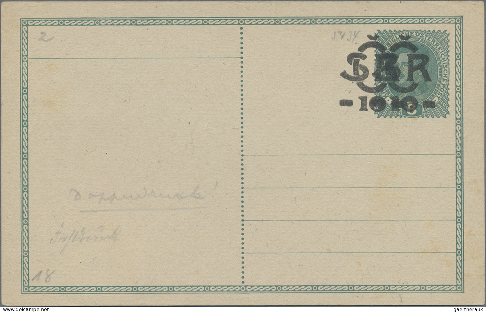 Czechoslowakia - Postal Stationery: 1918, Card Austria 8 H. Ovpt. "CSR - 10- " W - Postales