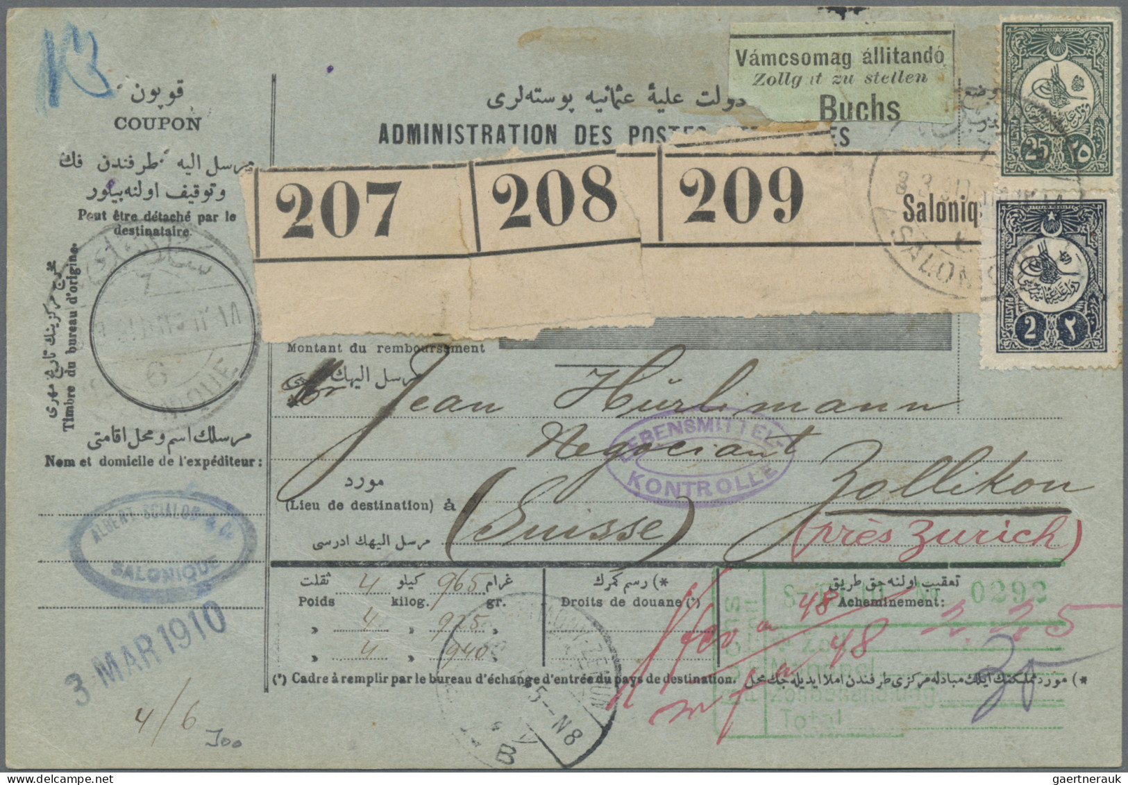 Turkey: 1910 Parcel Card For Three Packets (207-209) Used From Salonique To Zoll - Brieven En Documenten