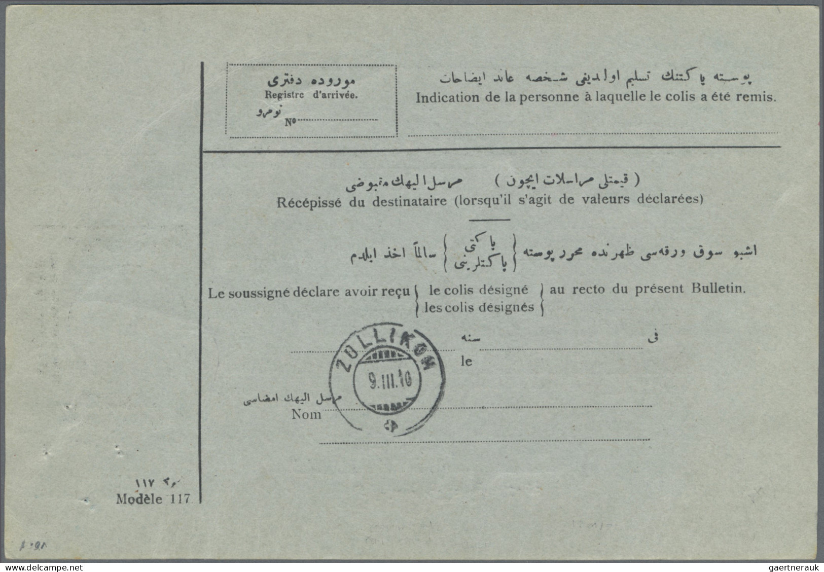 Turkey: 1910 Parcel Card For Three Packets (207-209) Used From Salonique To Zoll - Brieven En Documenten