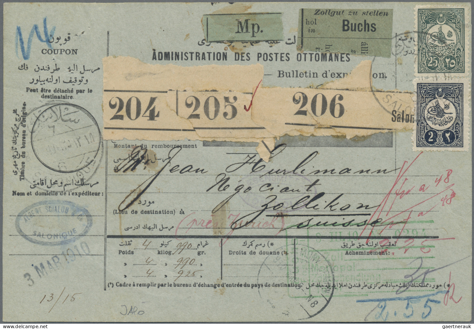 Turkey: 1910 Parcel Card For Three Packets (204-206) Used From Salonique To Zoll - Briefe U. Dokumente