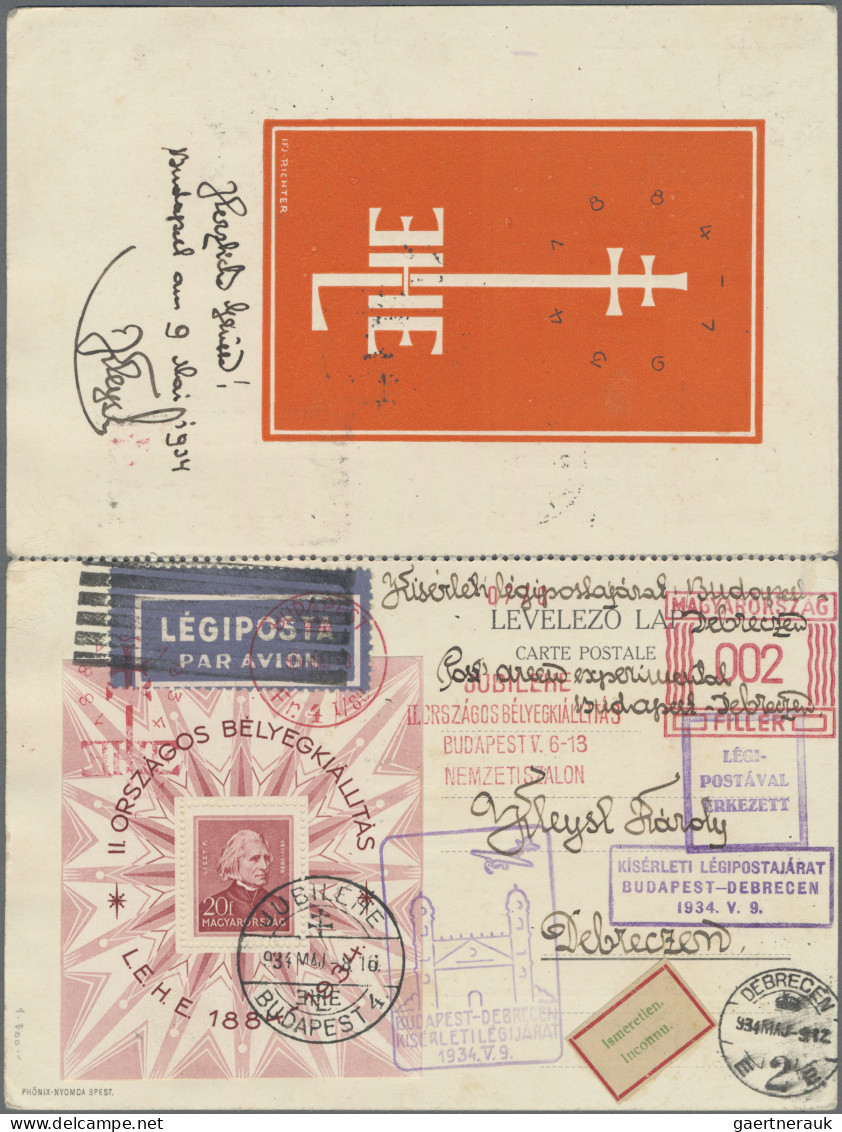 Hungary: 1934, 9+10 May, Experimental Flight Budapest-Debreczen And Return, Doub - Lettres & Documents