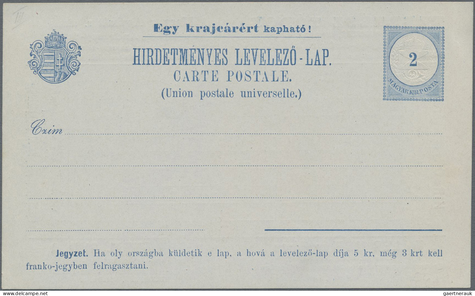 Hungary - Postal Stationary: 1892, 2 Kr blau Privat-Anzeigenpostkarte, komplette
