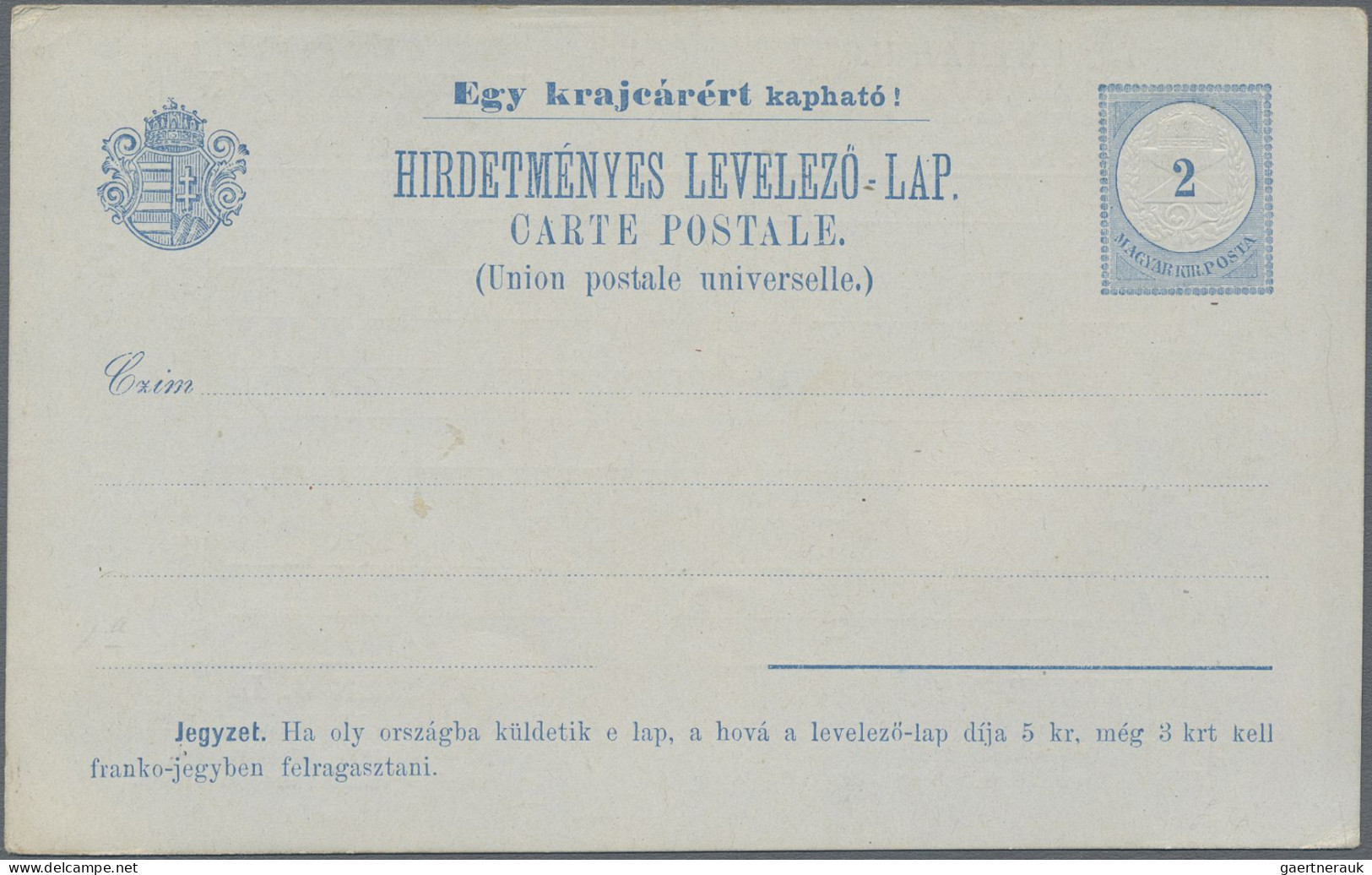 Hungary - Postal Stationary: 1892, 2 Kr blau Privat-Anzeigenpostkarte, komplette