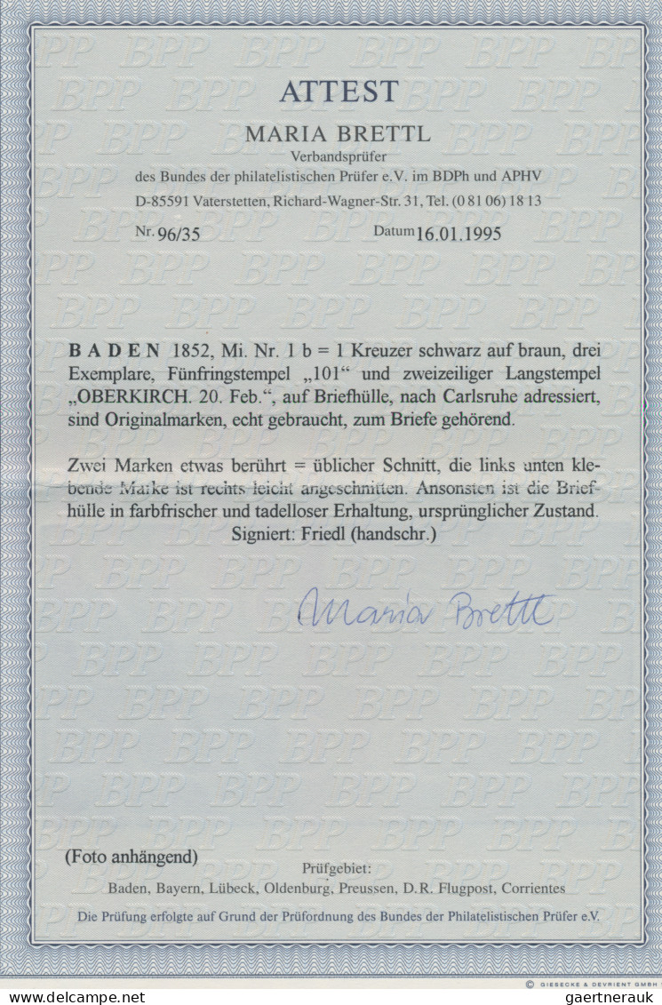Baden - Marken Und Briefe: 1852, 1 Kr Schwarz Auf Braun, 3 Farbfrische Einzelexe - Andere & Zonder Classificatie