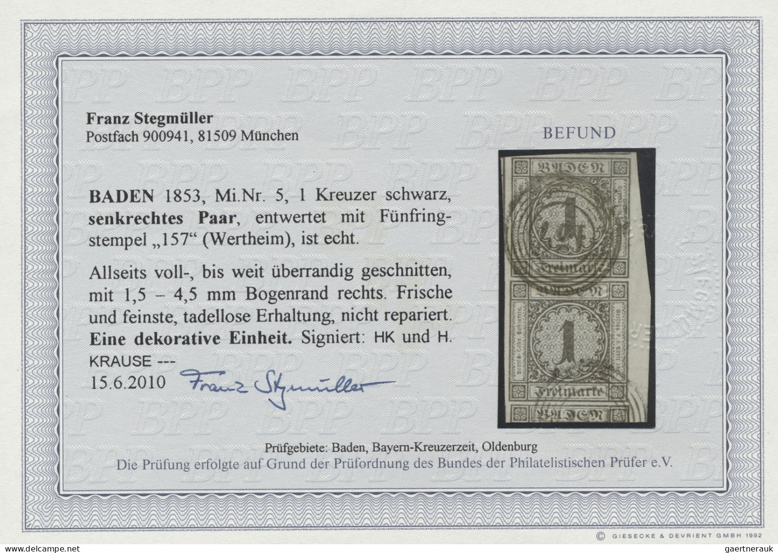 Baden - Marken Und Briefe: 1853, 1 Kr. Schwarz Auf Weiß, SENKRECHTES Paar, Allse - Sonstige & Ohne Zuordnung