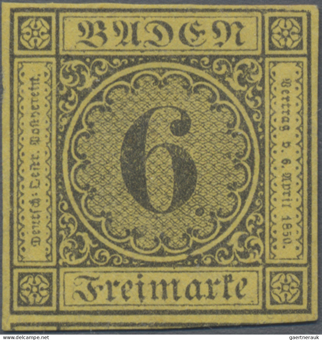 Baden - Marken Und Briefe: 1854, Freimarke 6 Kr. Schwarz Auf Gelb, Ohne Gummi, " - Andere & Zonder Classificatie