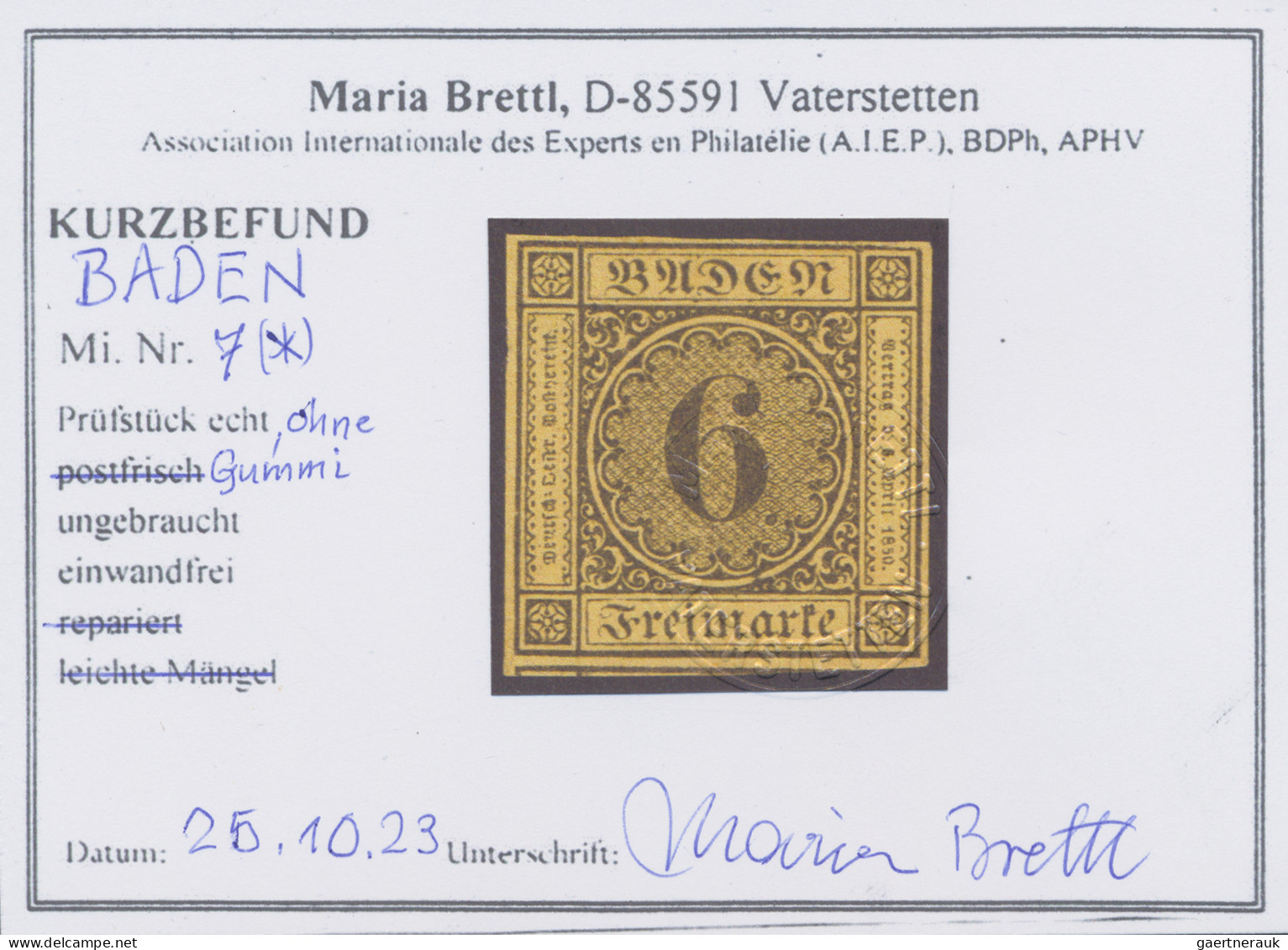 Baden - Marken Und Briefe: 1854, Freimarke 6 Kr. Schwarz Auf Gelb, Ohne Gummi, " - Other & Unclassified