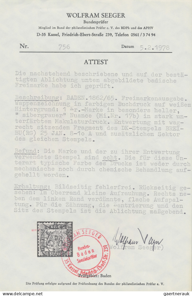 Baden - Marken Und Briefe: 1866, 1 Kr In Der Seltenen B-Farbe "silbergrau", Entw - Autres & Non Classés