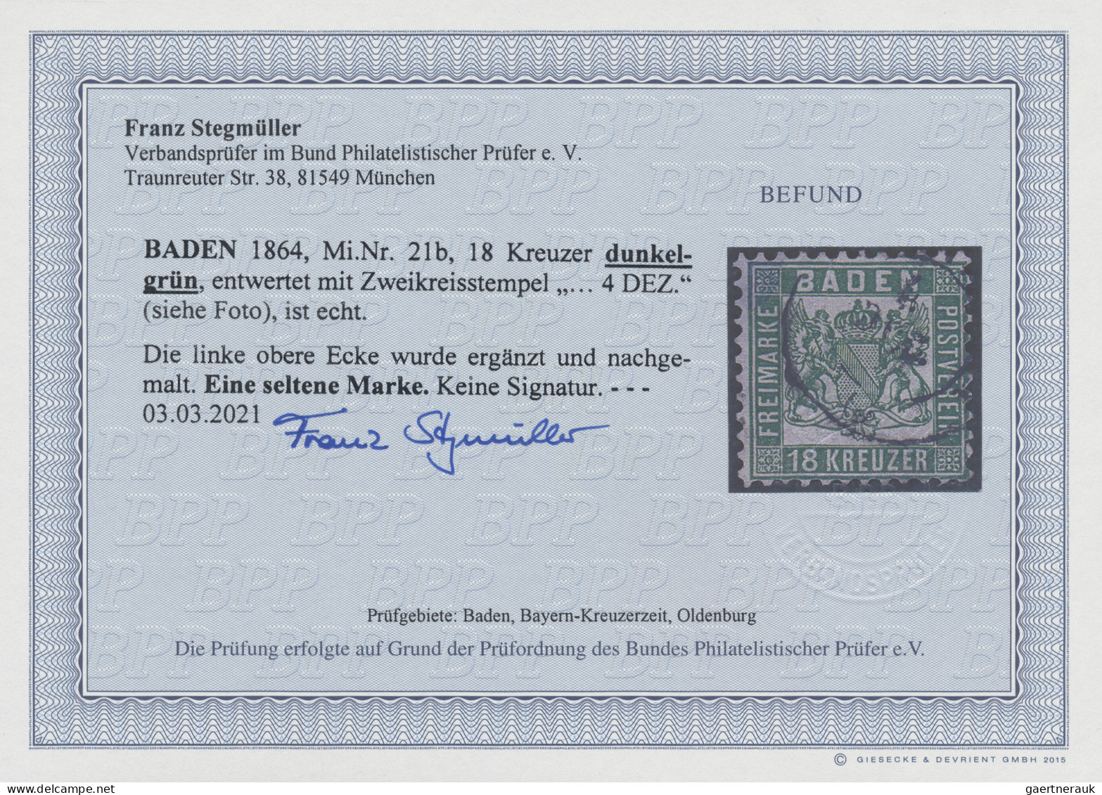 Baden - Marken Und Briefe: 1864, 18 Kr In Der Guten B-Farbe "dunkelgrün", Entwer - Other & Unclassified