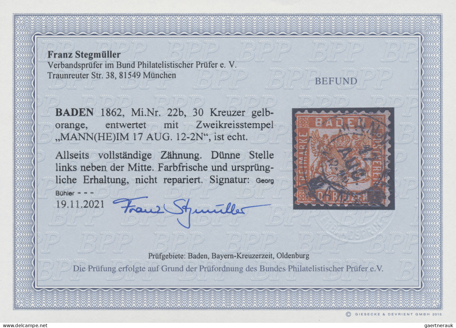 Baden - Marken Und Briefe: 1862, 30 Kr Gelborange, Allseits Vollständig Gezähnte - Sonstige & Ohne Zuordnung