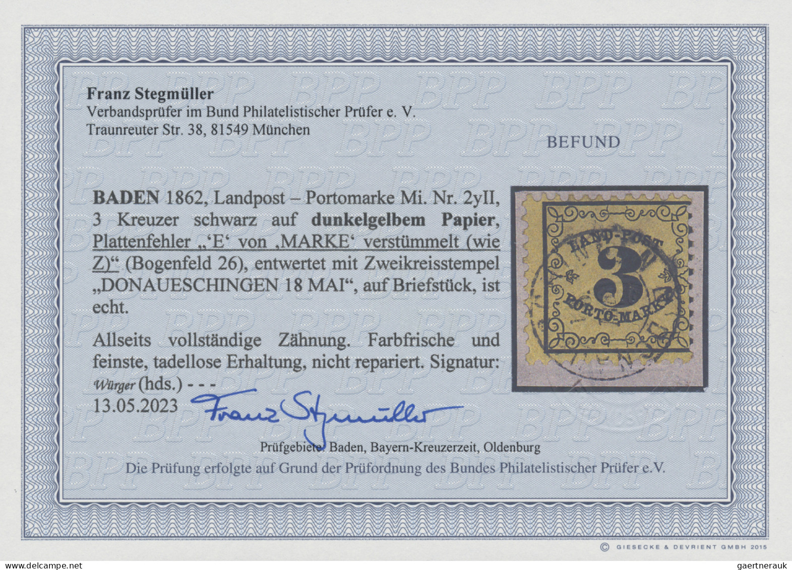 Baden - Landpostmarken: 1862, Landpost-Portomarke 3 Kreuzer Schwarz Auf Dunkelge - Sonstige & Ohne Zuordnung