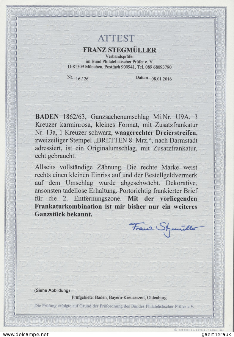 Baden - Ganzsachen: 1863, Ganzsachenumschlag 3 Kreuzer Karminrosa, Kleines Forma - Sonstige & Ohne Zuordnung