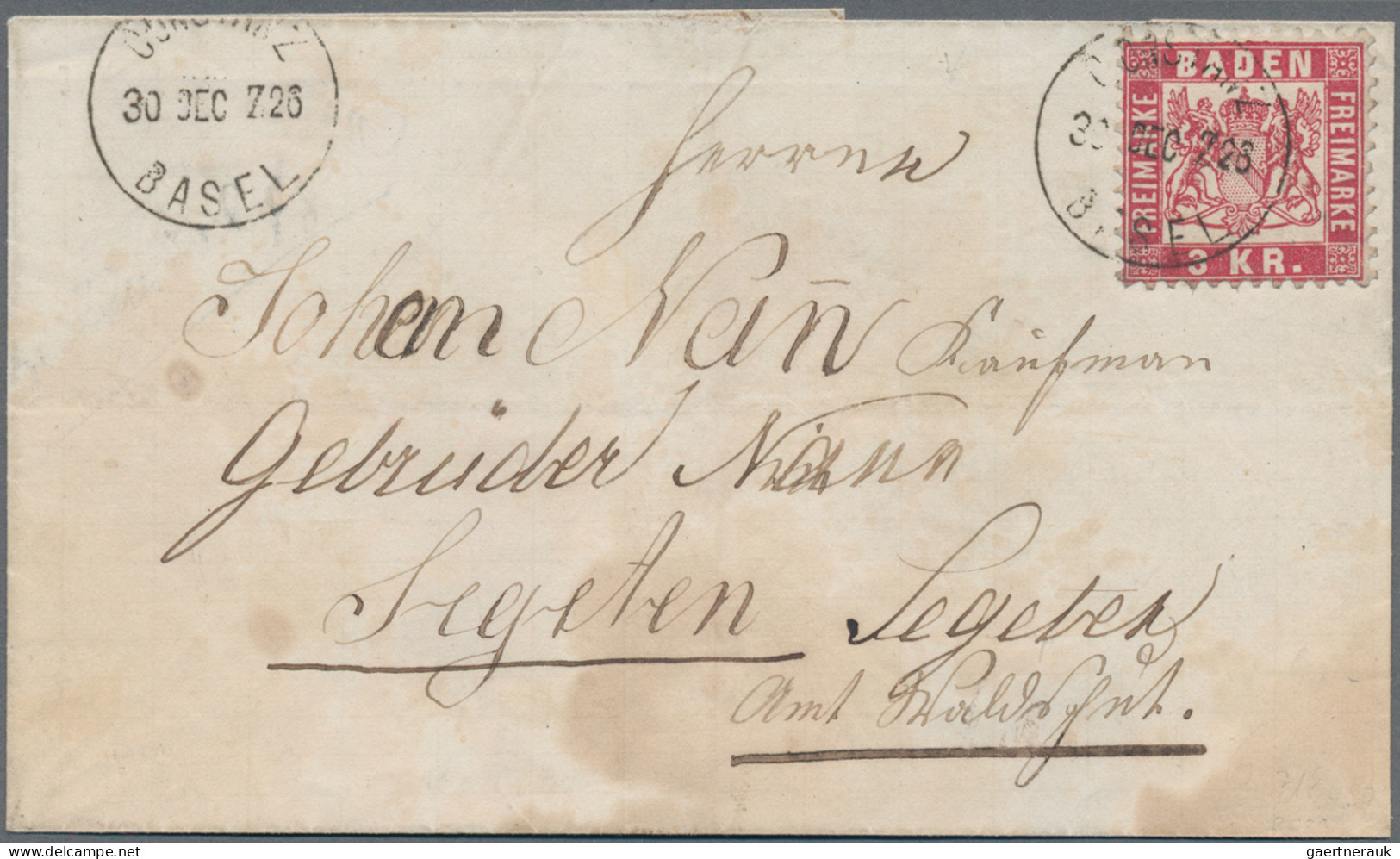 Baden - Bahnpost: 1868, 3 Kr Auf Brief Mit Sauberem Bahnpost-K1 "CONSTANZ BASEL - Otros & Sin Clasificación