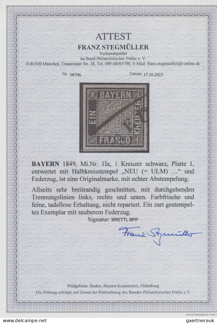 Bayern - Marken Und Briefe: 1849, 1 Kreuzer Schwarz, Platte 1, Entwertet Mit Hal - Autres & Non Classés