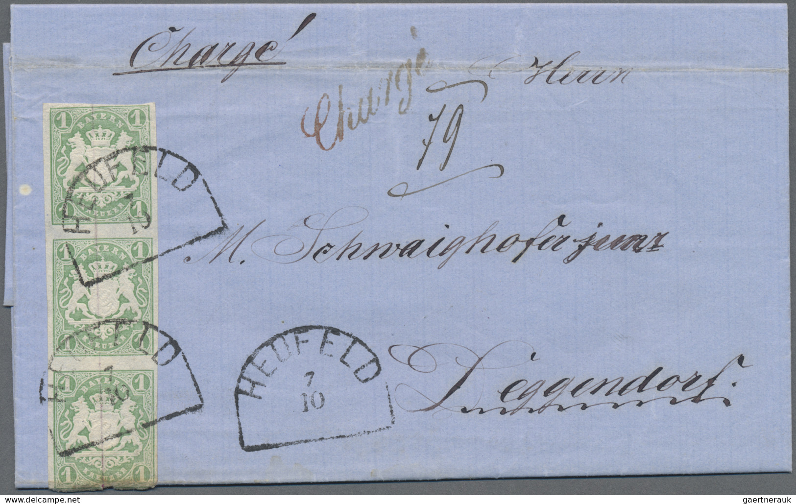 Bayern - Marken Und Briefe: 1867, 1 Kr. Dunkelgelblichgrün, Senkrechter Dreierst - Autres & Non Classés