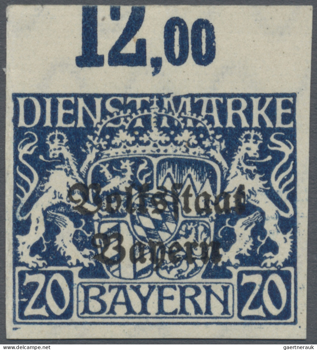 Bayern - Dienstmarken: 1919, Wappen "Volksstaat Bayern" 20 Pfg. Dunkelblau, Farb - Sonstige & Ohne Zuordnung