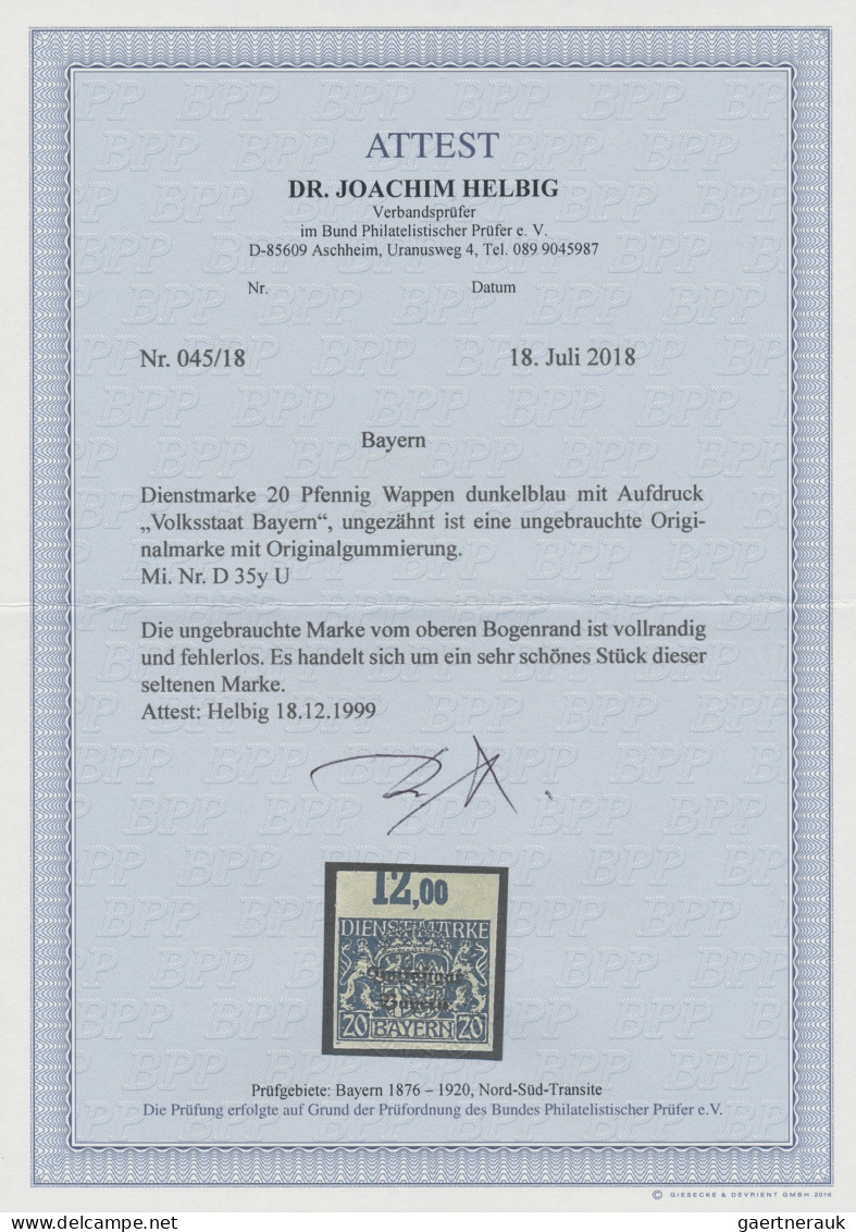 Bayern - Dienstmarken: 1919, Wappen "Volksstaat Bayern" 20 Pfg. Dunkelblau, Farb - Autres & Non Classés