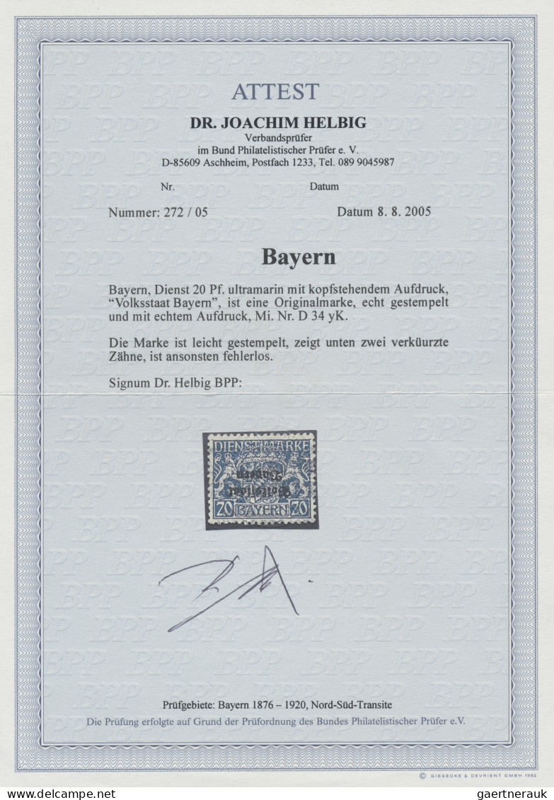 Bayern - Dienstmarken: 1919, 10 Pfg Ultramarin Mit Seltenem KOPFSTEHENDEM Aufdru - Autres & Non Classés