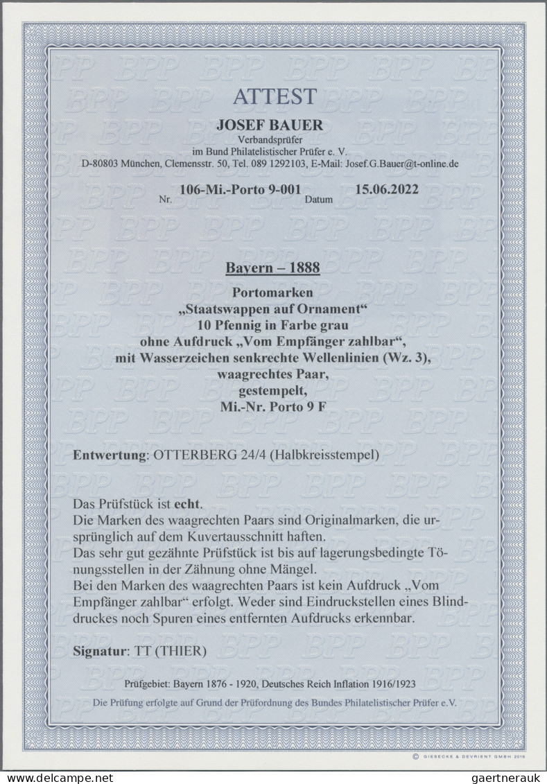 Bayern - Portomarken: 1883, 10 Pfg. Grau, Wz. "senkrechte Wellenlinien", Farbfri - Other & Unclassified