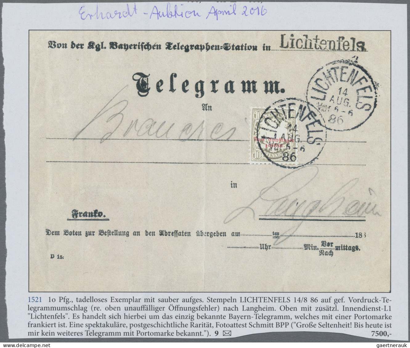 Bayern - Portomarken: 1882, FRANKIERTES TELEGRAMM, Portomarke 10 Pfg. Grau Als Z - Andere & Zonder Classificatie