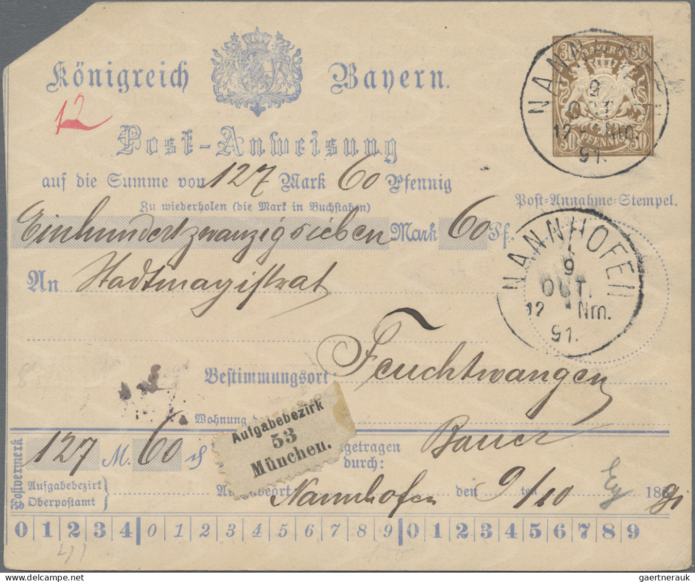 Bayern - Ganzsachen: 1891, Zwei Gebrauchte Postanweisungen 30 Pfg. Braun: Nannho - Other & Unclassified